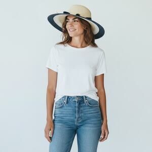 Quagga Green Label Blue White Beige, stylish, wide-brimmed paper straw sun hat